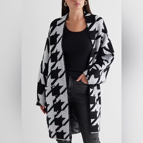 Express Womens Houndstooth Long Cardigan Sz XL Black White...